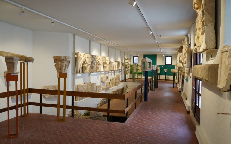 In einer geräumigen Museumsgalerie werden verschiedene Steinartefakte und Skulpturen ausgestellt. Der Raum verfügt über gut beleuchtete Exponate mit an Wänden und Sockeln montierten Artefakten. Der Boden besteht aus roten Fliesen und die Wände sind weiß gestrichen, was eine helle und saubere Atmosphäre schafft.