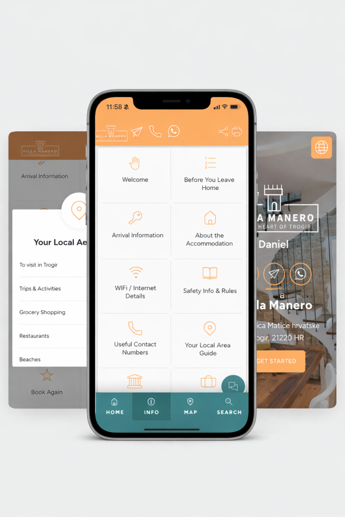 Ein Smartphone zeigt den Startbildschirm einer Reise-App mit verschiedenen Symbolen für Informationen und Dienste an. Im Hintergrund sind zwei unscharfe App-Bildschirme zu sehen, die Menüoptionen und Details zur Unterkunft anzeigen.